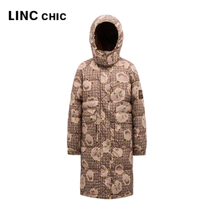 LINCCHIC金羽杰羽绒服复古印花中长款羽绒服女直筒连帽羽绒服外套