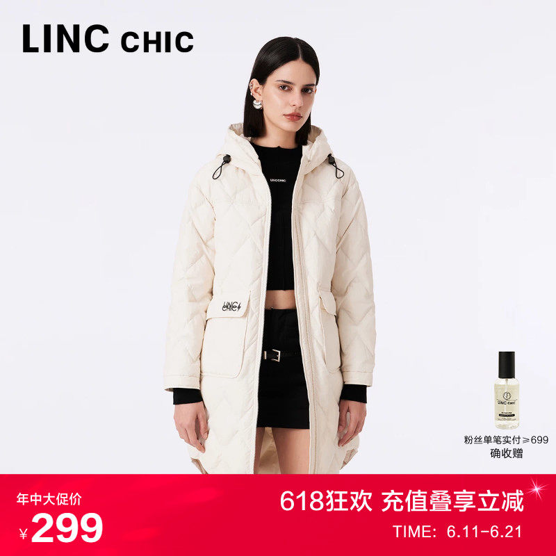 LINC金羽杰连帽轻薄羽绒服女中长款新款羽绒外套女Y23306180