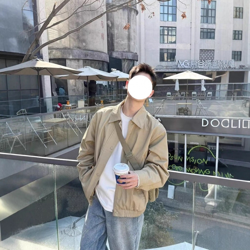 浅色翻领夹克工装男2025新款春秋季百搭宽松休闲潮流夹克外套