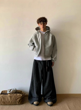 灰色重磅连帽拉链卫衣男春秋季美式高街潮牌宽松外套开衫情侣