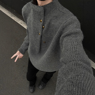 不规则纽扣设计感高领毛衣男韩系潮牌痞帅慵懒oversize针织衫