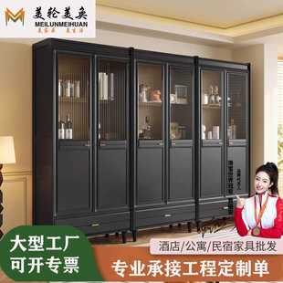 实木书柜两门四门六门家用书房书柜一体整墙原木家居 复古黑新中式
