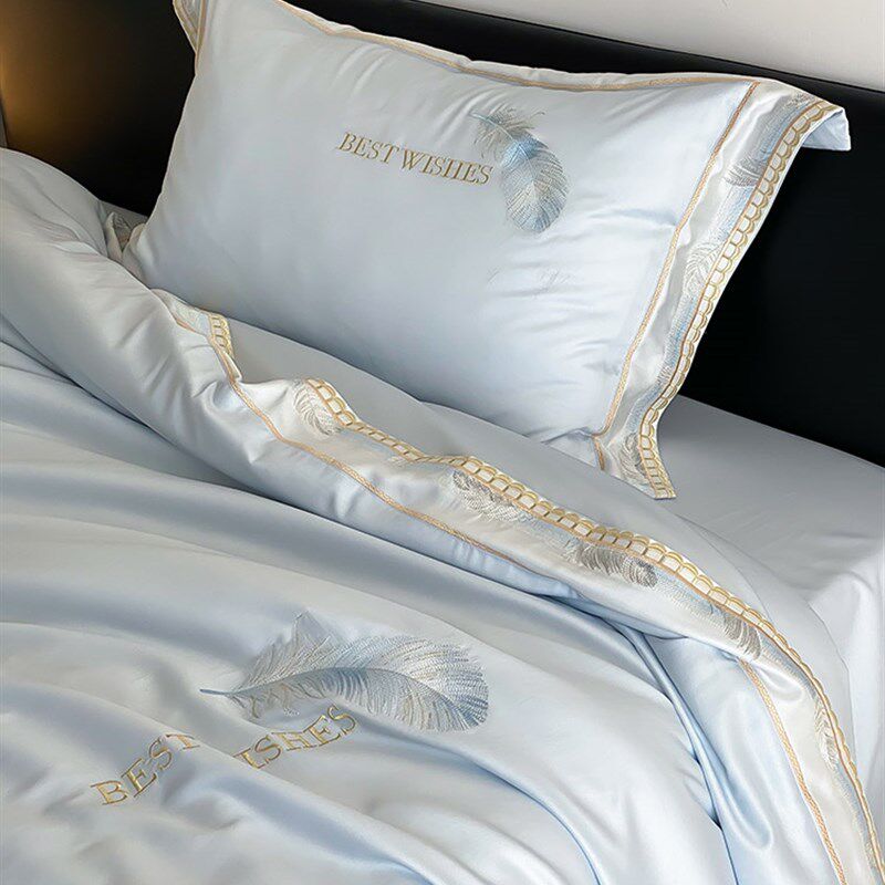 春夏100支双面天丝四件套简约羽毛刺绣凉感裸睡被套床单床上用品