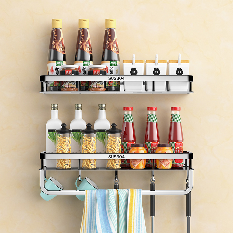 壁挂式厨房调料架置物架免打孔墙上不锈钢家用调味品收纳挂架挂钩