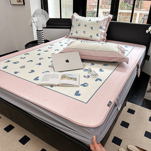 少女心夏季冰丝凉席三件套粉色豹纹印花可水洗床笠款空调软席1.8m