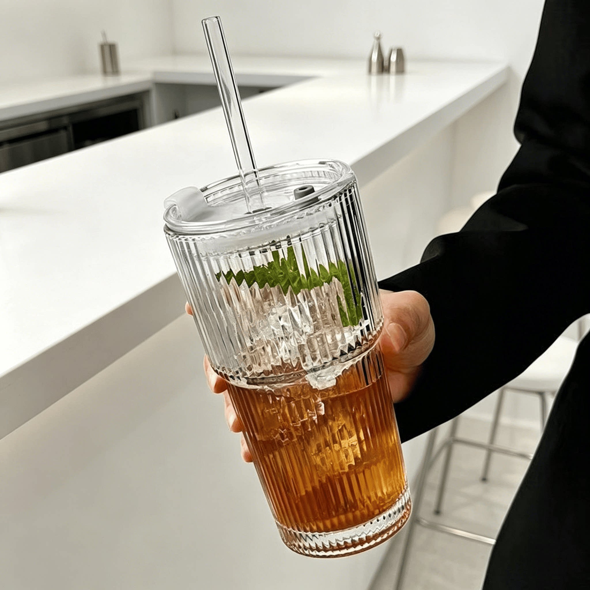 情侣对杯高颜值冷饮果汁咖啡杯带盖吸管大容量条纹玻璃杯水杯