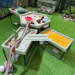 幼儿园户外防腐木高矮沙水桌游戏盘玩沙戏水升降六角感官盘迷宫桌