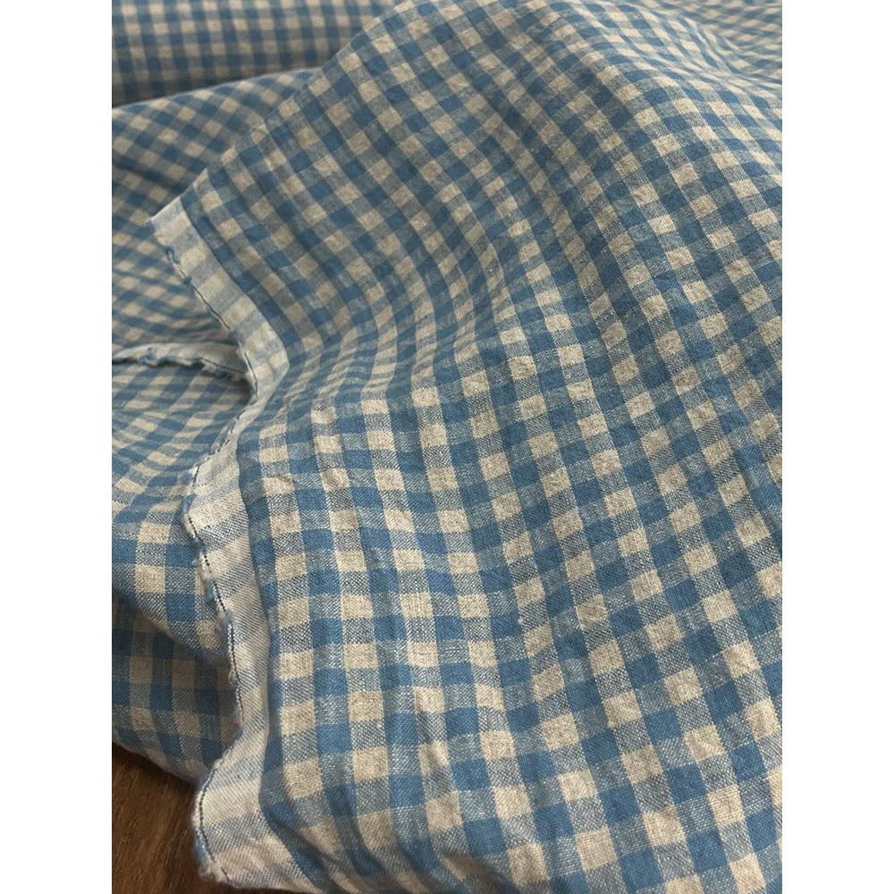 布久以逅麻料肌理感色织纯亚麻格子布料旗袍连衣裙衬衫服装面料蓝