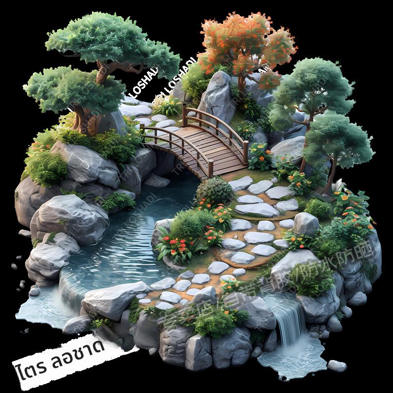 瀑布花园小桥流水自粘贴画墙面艺术池塘绿树风景装饰家居贴画防水