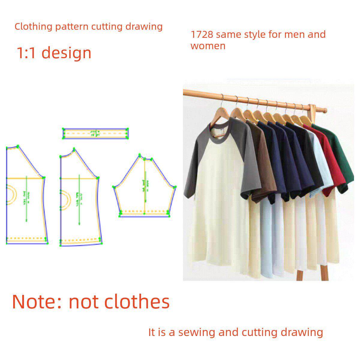 DIY服装纸样裁剪图1728款男女同款插肩袖T恤上衣样板图纸11设计
