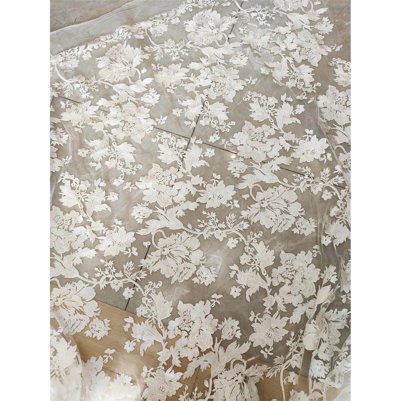 新款大花朵亮片蕾丝花边面料布料服装婚头纱手工DIY清仓特价白色