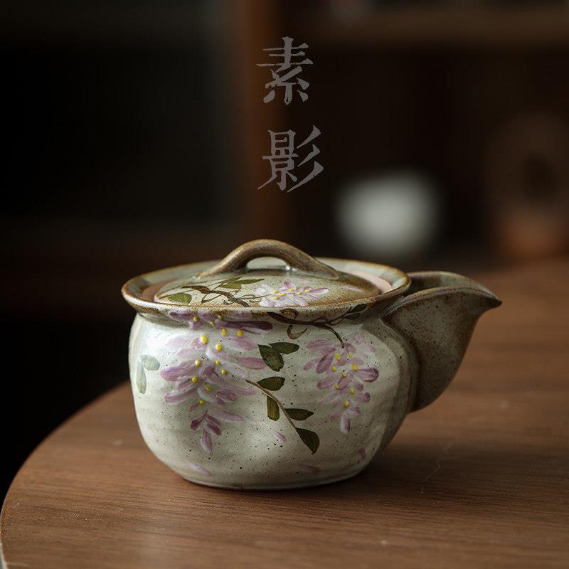 素影手绘紫藤花粗陶茶壶单壶手抓壶复古陶家用瓷茶具宝瓶壶泡茶壶