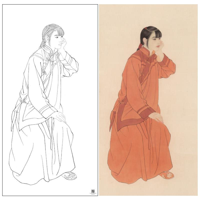【大彩图】何家英工笔画白描底稿《独坐黄昏后》高清打印稿ZV19