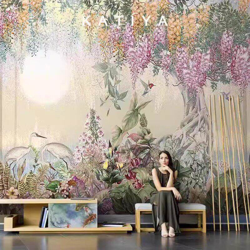 美式手绘花鸟壁纸唯美花卉树林壁画客厅电视背景墙布餐厅酒店壁纸