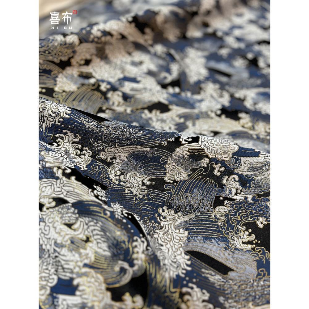 特荒海浪花夹金线神奈川冲浪里织锦缎布料西阵织古装丝绸缎子面料
