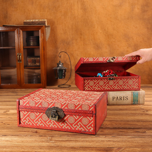 中式复古桌面证件信件收纳盒带锁木质印花首饰盒古玩收藏百宝箱子