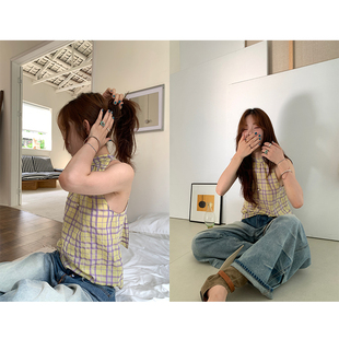 格子背心新款 复古甜美露肩绑带无袖 香香 休闲百搭显瘦上衣 梨
