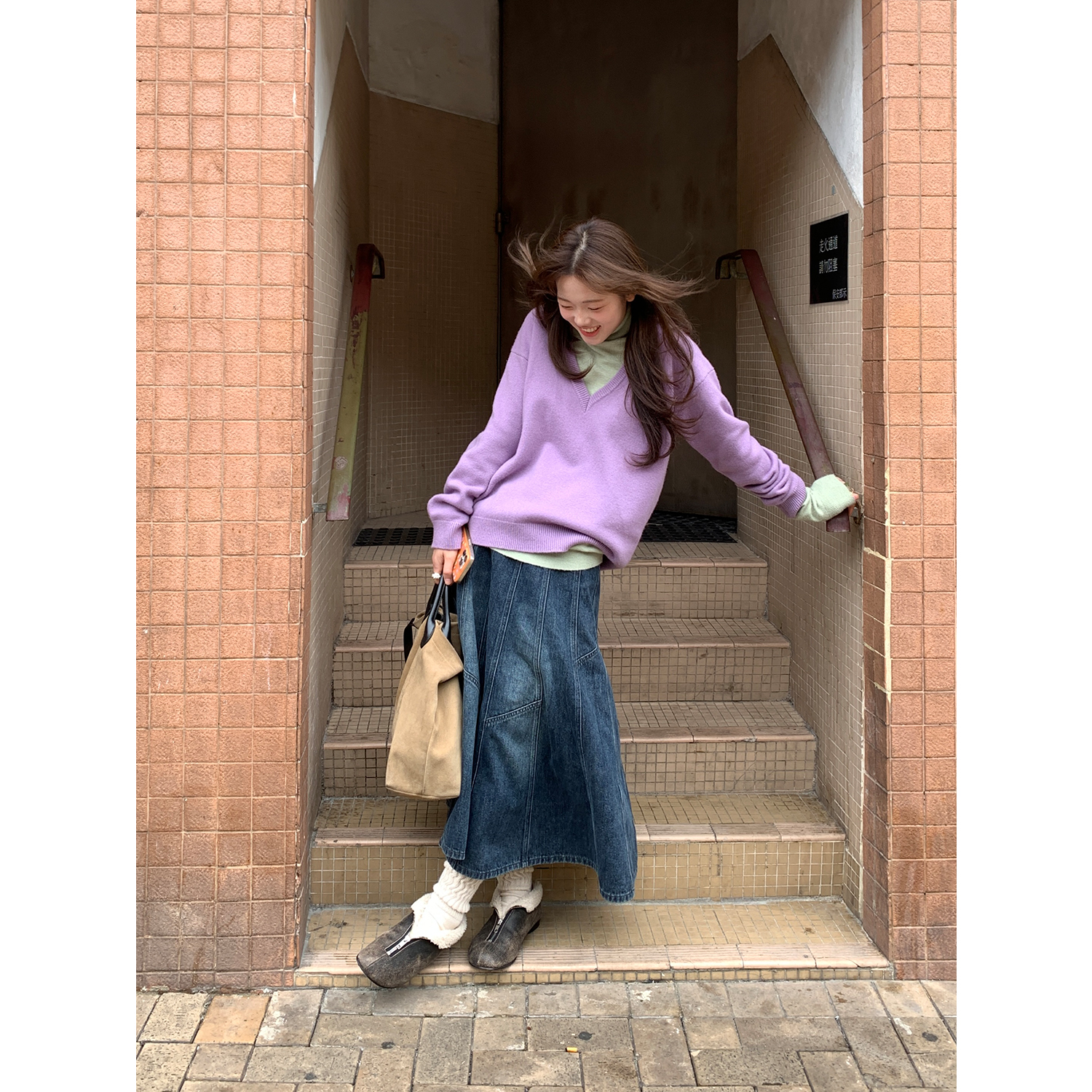 韩版拼接做旧百搭牛仔半身a字裙