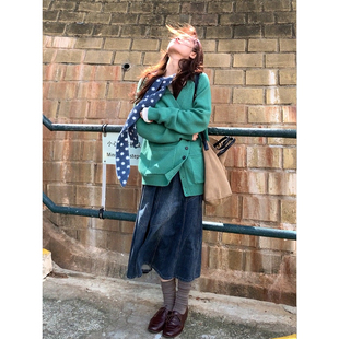 外套秋冬宽松纯色针织衫 100%纯羊毛森系V领开衫 梨 xxdeli香香