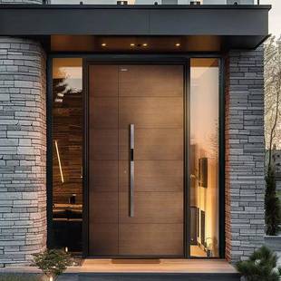 别墅大门入户门2025新款简约复古木纹子母门甲级防盗门精雕铸铝门