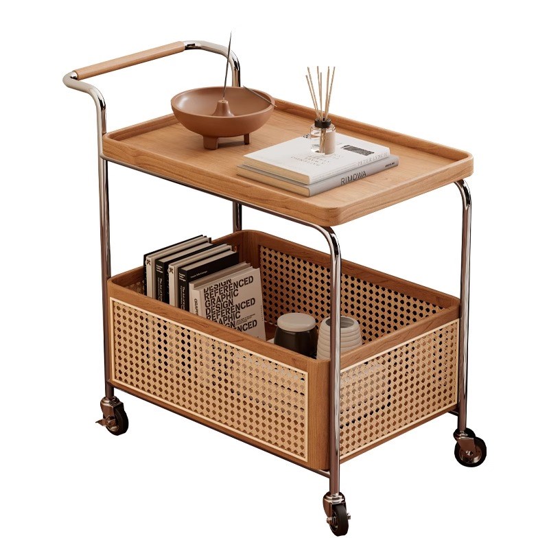 实木可移动边几收纳中古小推车客厅沙发储物置物架藤编简约餐车