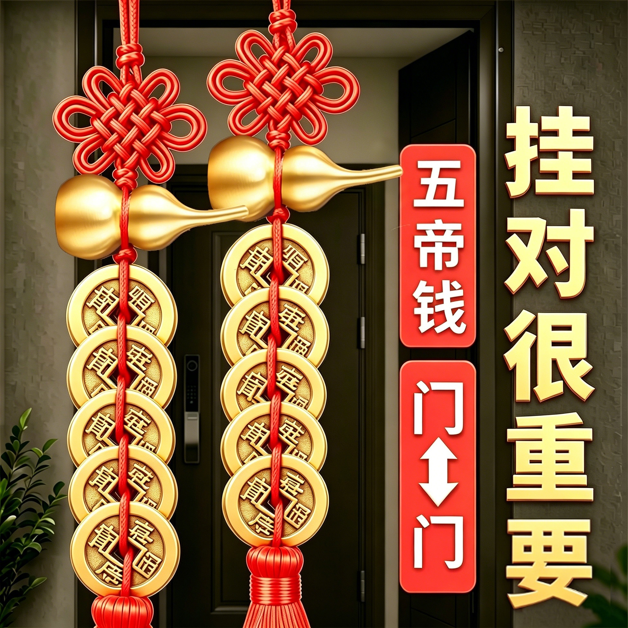 加厚五帝钱黄铜葫芦挂饰入户卧室门对门压门槛真品铜钱中国结挂饰