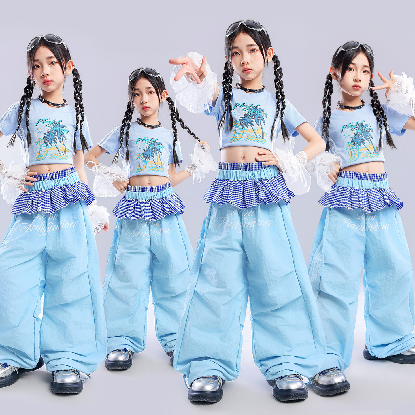 女童爵士舞演出服装夏季新款儿童甜酷露脐短袖套装少儿街舞潮服装