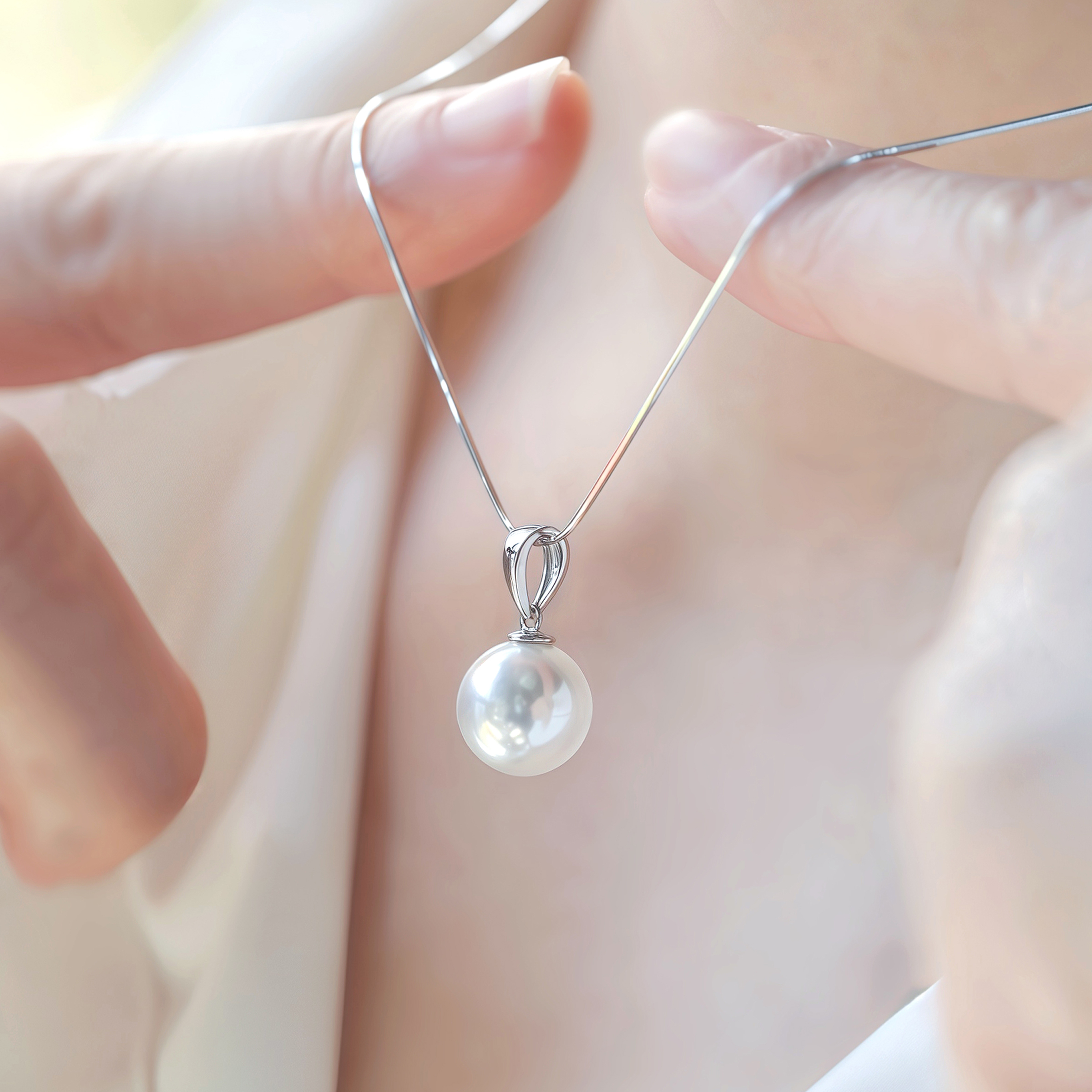 冷光澳白色仿海水珠珍珠纯银项链