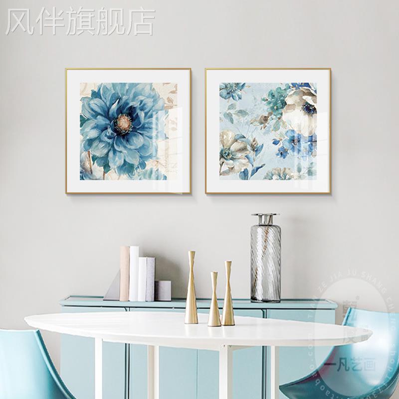 现代花卉蓝色玫瑰餐厅装饰画卧室客厅沙发背景墙油画布面方形挂画图片