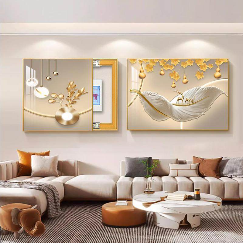 轻奢羽毛电表箱装饰画两联配电箱盖板现代简约客厅挂画定制遮挡画