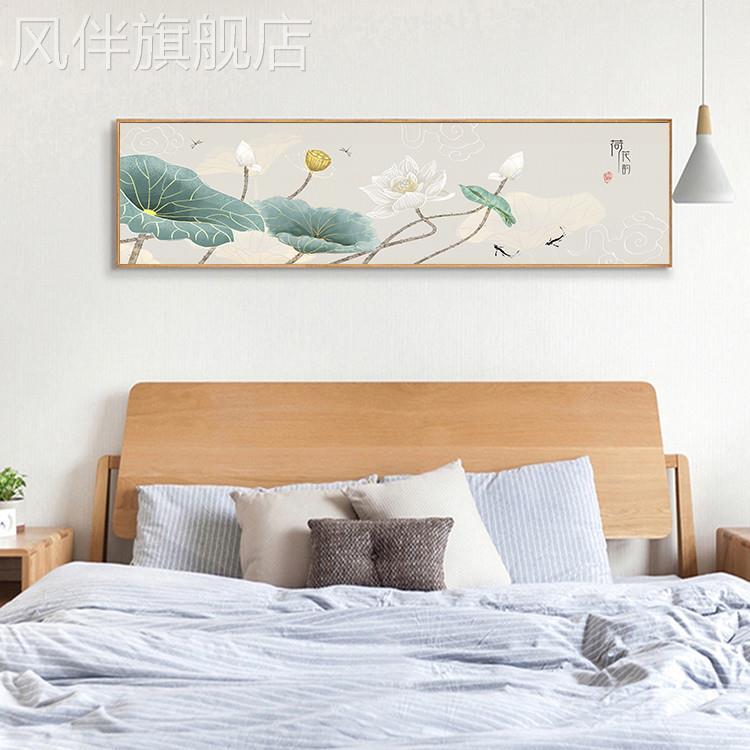 荷花新中式卧室装饰画横幅壁画花鸟客厅沙发背景墙画床头挂画图片