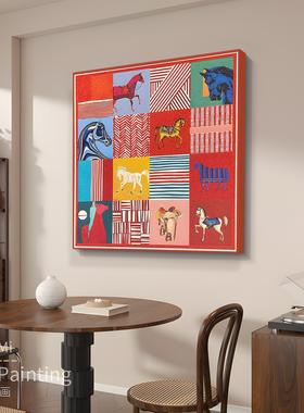 意式骏马客厅砂岩装饰画艺术轻奢卧室挂画红色玄关画sy015马8080