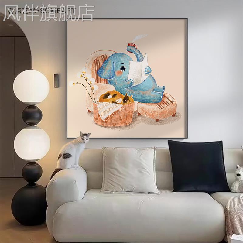 卡通动漫儿童房装饰画大象小动物房间壁画现代简约卧室床头挂画图片