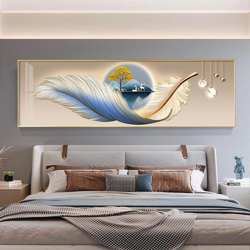 轻奢卧室装饰画温馨羽毛床头挂画横幅现代简约主卧房间背景墙壁画