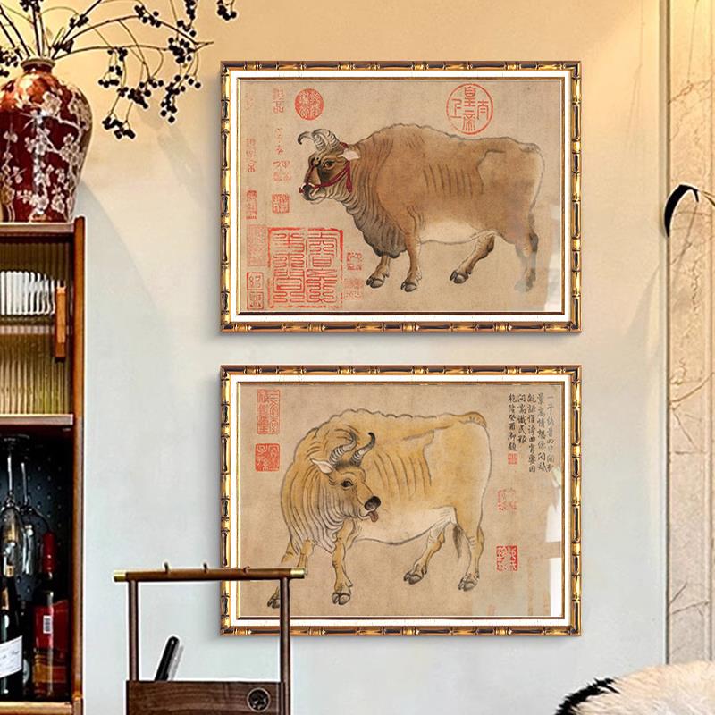 中式客厅寓意和牛画、招财装饰画、办公室乔迁礼品、入口背景墙挂图片