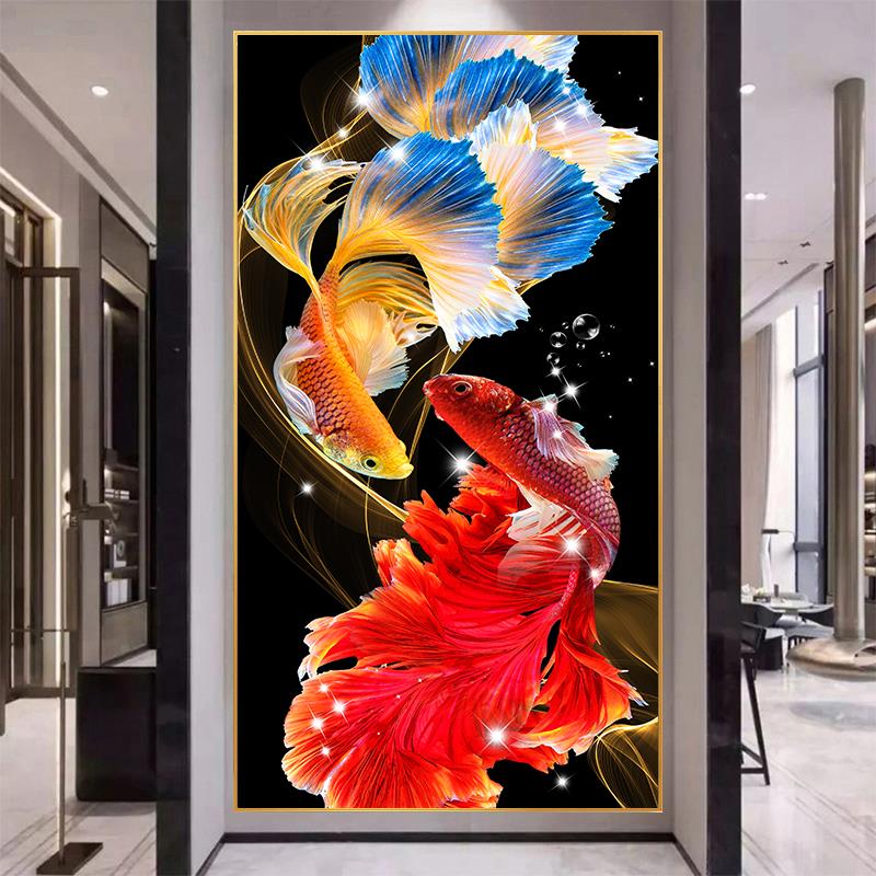招财锦锂入户玄关装饰画九鱼图现代简约客厅背景墙画走廊过道挂画图片