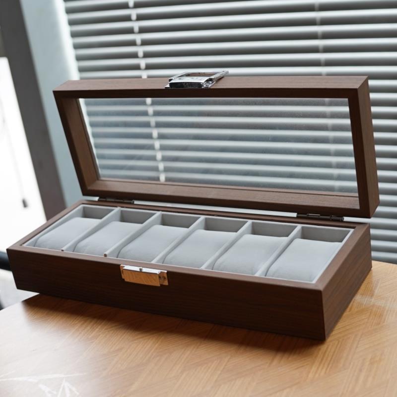 胡桃木纹手表盒收纳盒玻璃天窗木质家用储藏展示盒6位手表收藏盒