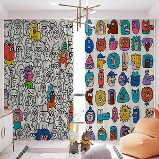 定制插画搞怪涂鸦ins全遮光宿舍免打孔窗帘家用飘窗隔热可隔断帘