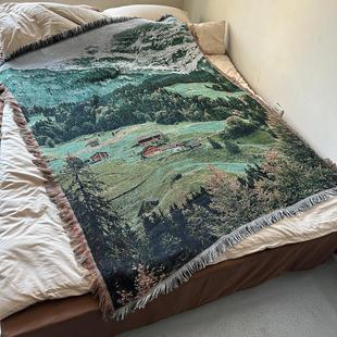 雪山森林自然原野风光沙发毛毯套毛毯披肩客厅装 饰挂毯挂布斯堪