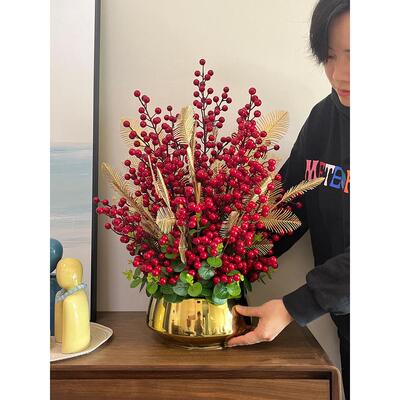 发财果彷真花套装过年开业高端摆花红果冬青果浆果乔迁装饰花假花