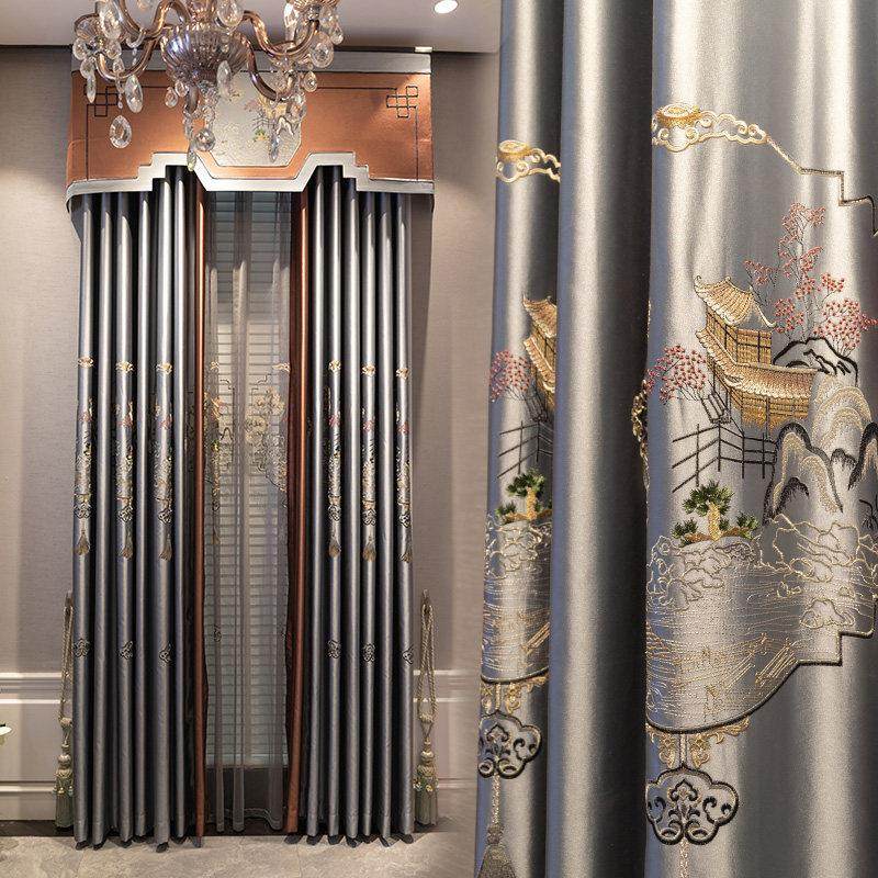 新中式窗帘高档古典复古绣花窗帘配套窗纱客厅卧室婚房帘成品定制