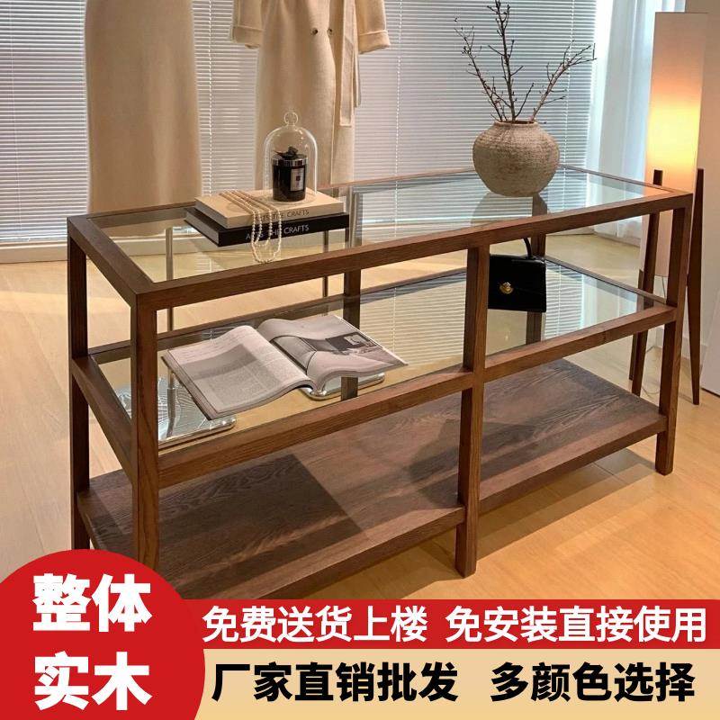 网红服装店中岛台展示柜鞋子包包流水台陈列柜实木饰品胡桃色女装图片