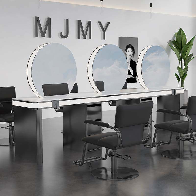 网红理发店单双面镜台美发店柜子一体镜子带灯发廊不锈钢烫染镜台