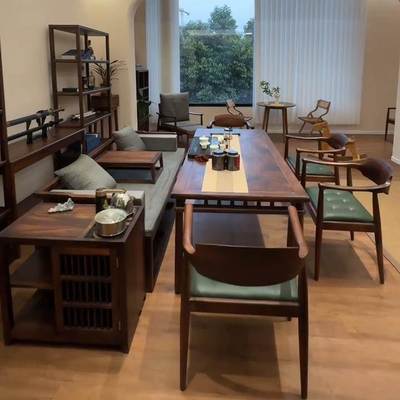 新中式实木茶桌椅组合简约现代黑胡桃木茶台罗汉床禅意功夫泡茶桌