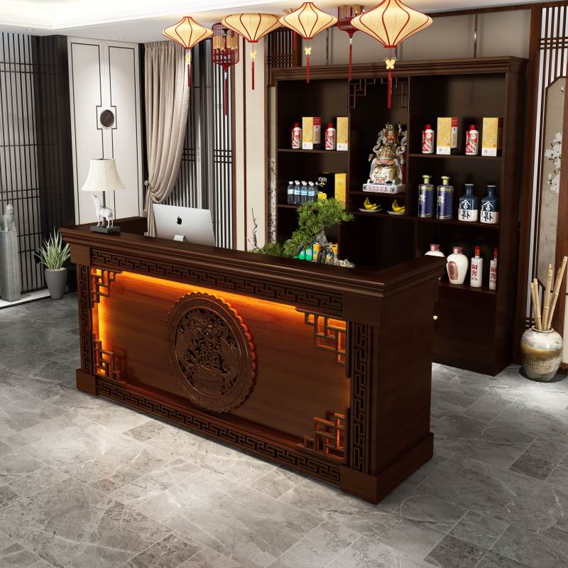饭店吧台收银台酒柜一体新中式实木复古火锅店柜台仿古前台接待台