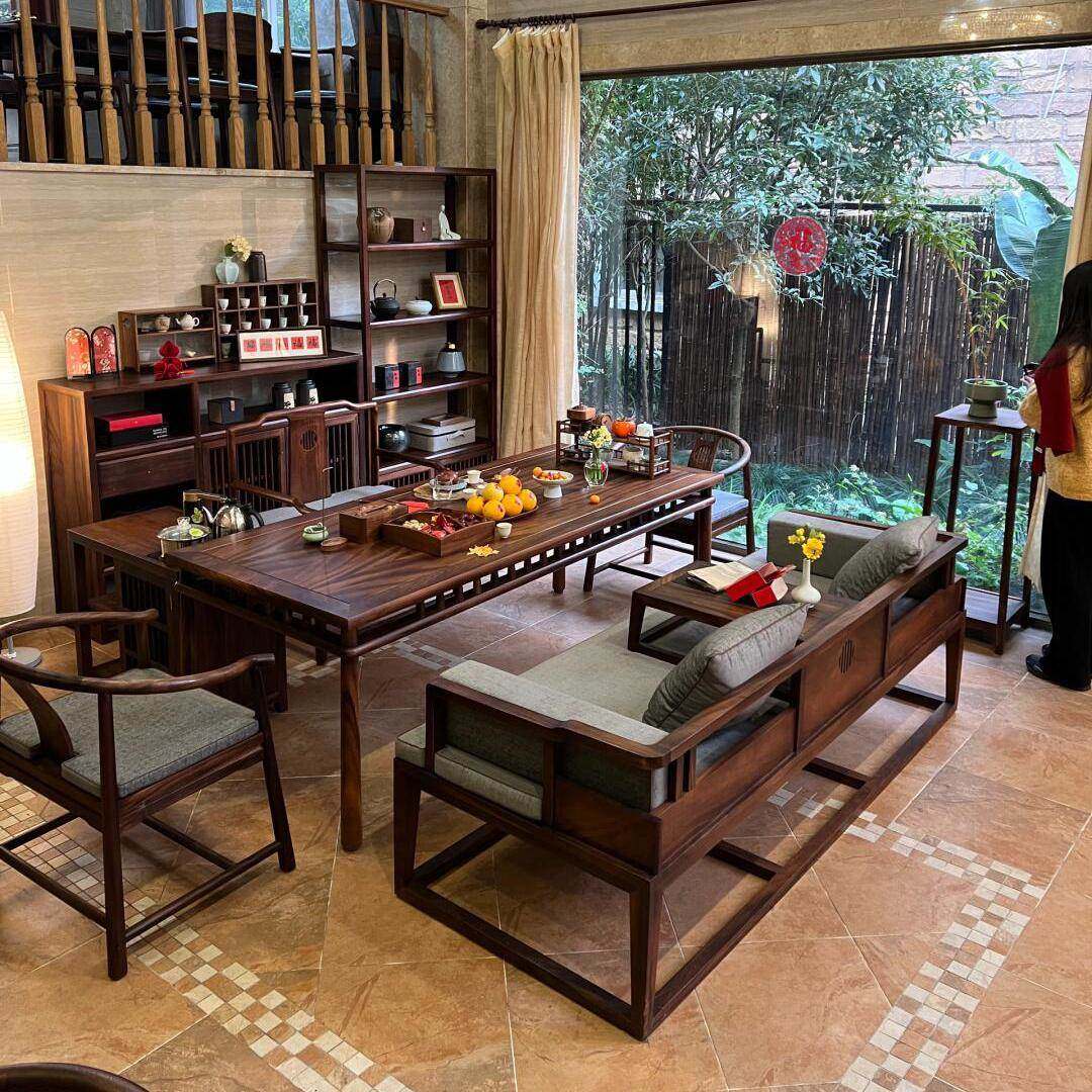 新中式全实木茶桌黑胡桃木简约家用小型客厅布艺沙发罗汉床泡茶台