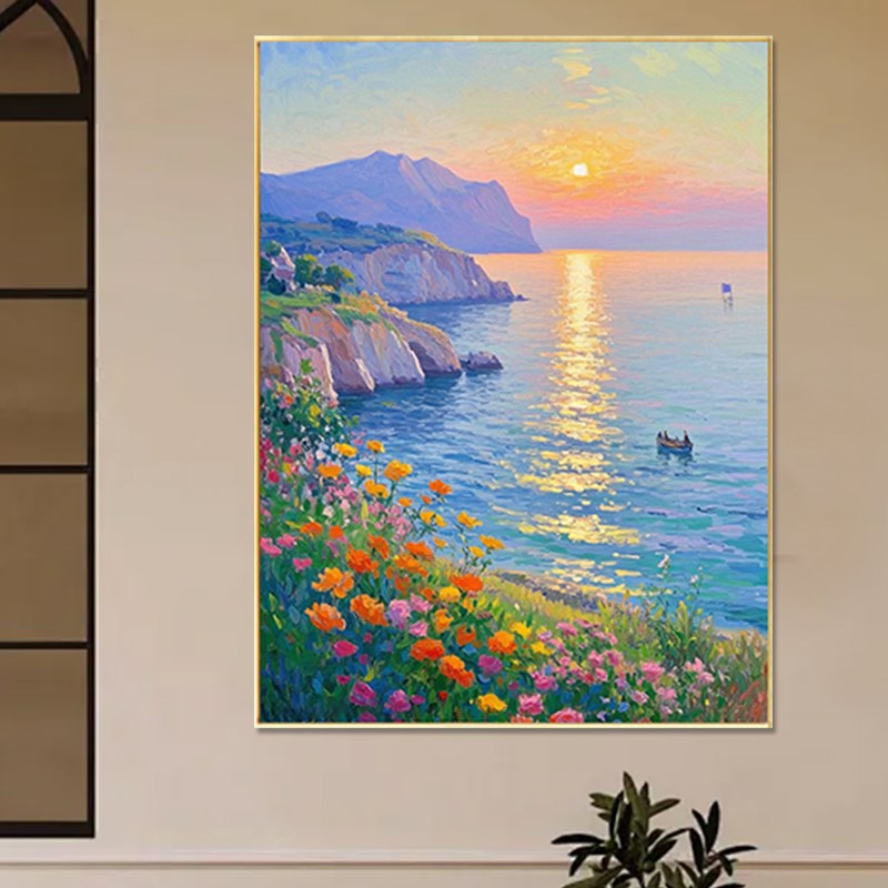 手绘油画莫奈玄关客厅装饰画海景风景卧室晶瓷喷绘风景走廊过道图片