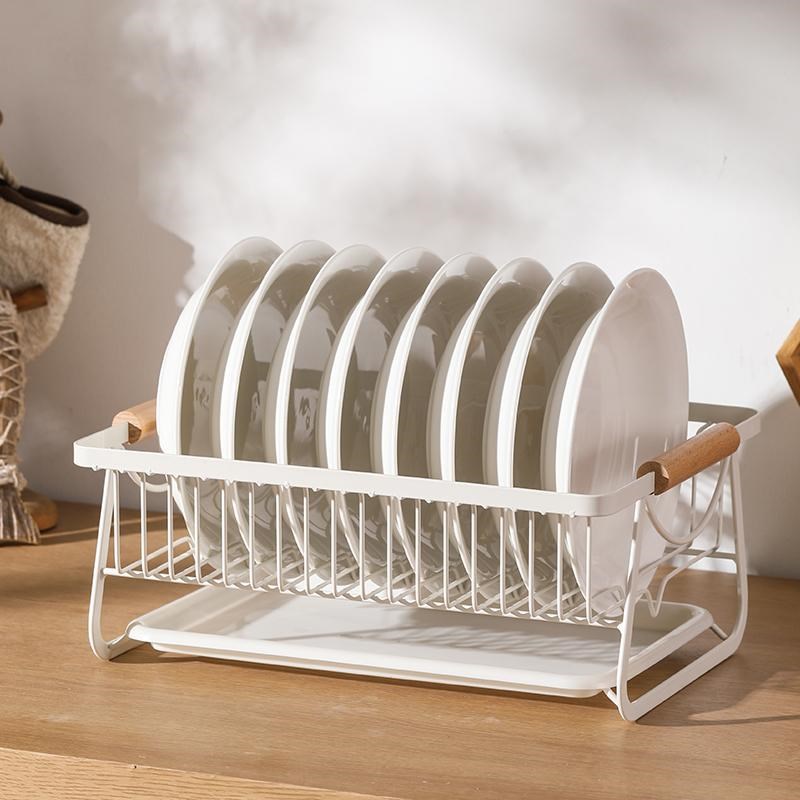 日式铁艺桌面碗盘收纳架家用沥水架奶白色木柄厨房餐具收纳置物架