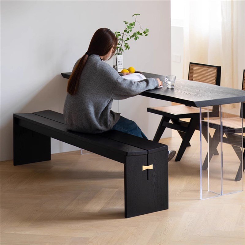 侘寂风白蜡木实木长条凳黑色长条凳子简约现代蝴蝶结床尾凳换鞋凳