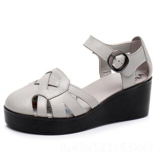 正品2025新皮款夏季松糕坡厚底妈妈包头凉鞋女韩马版跟中跟舒适真